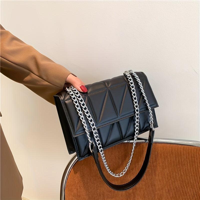 Chic Square Crossbody Bag with Metal Chain - Black