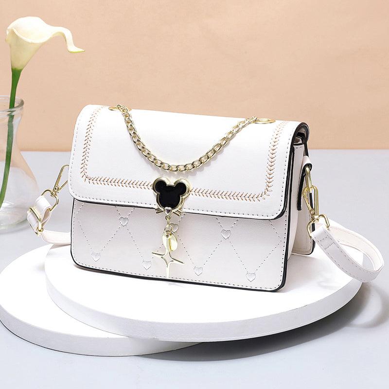 Embroidery Detail Flap Square Bag Chain Crossbody Purse