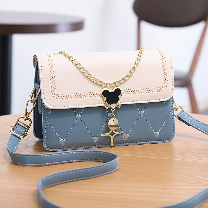 Embroidery Detail Flap Square Bag Chain Crossbody Purse