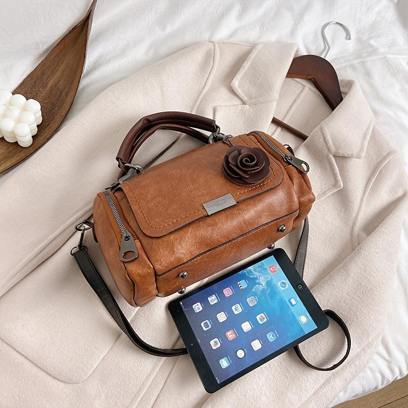 Vintage Boston Handbag Satchel Bag with Flower Pendant