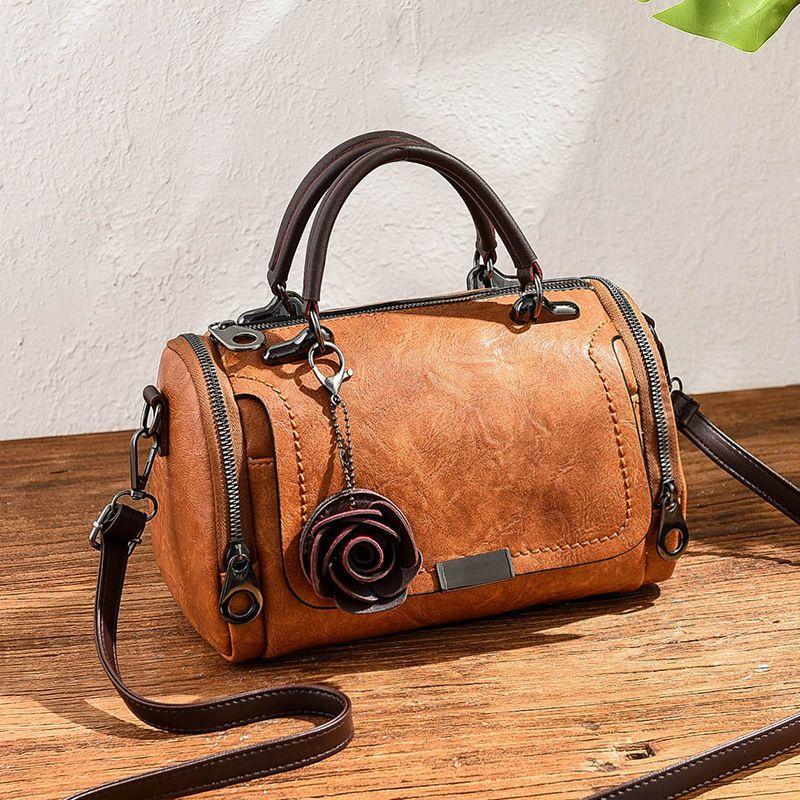 Vintage Boston Handbag Satchel Bag with Flower Pendant