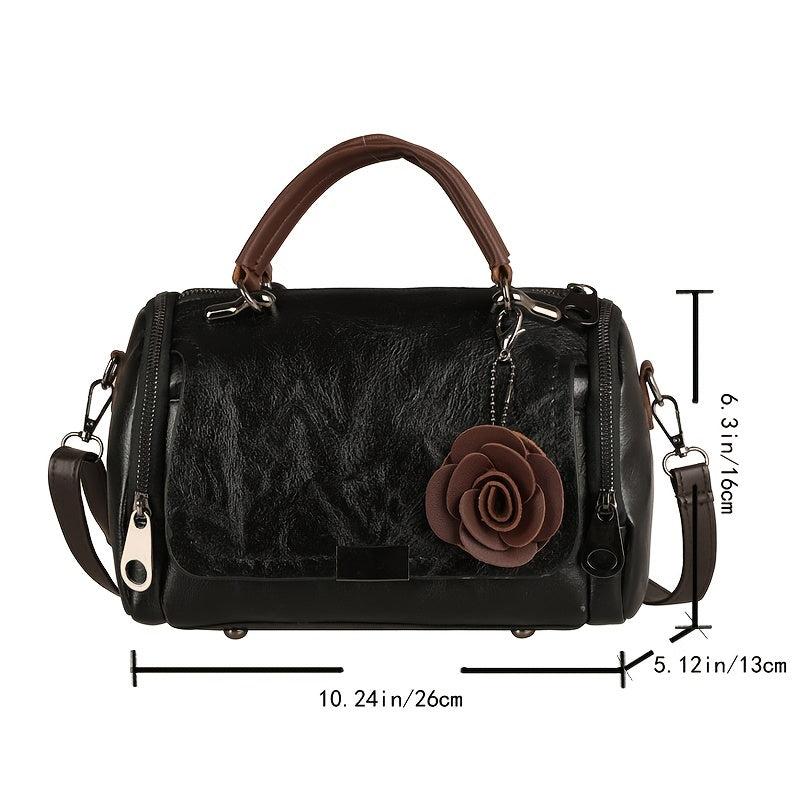 Vintage Boston Handbag Satchel Bag with Flower Pendant