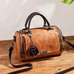 Vintage Boston Handbag Satchel Bag with Flower Pendant