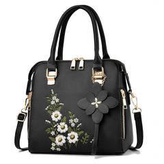 Flower Embroidery Shoulder Bag Floral Pendant Zipper Tote Handbag