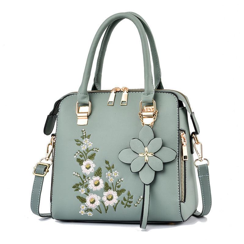 Flower Embroidery Shoulder Bag Floral Pendant Zipper Tote Handbag