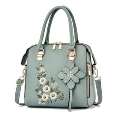 Flower Embroidery Shoulder Bag Floral Pendant Zipper Tote Handbag
