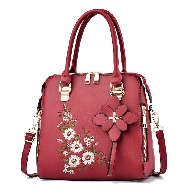 Flower Embroidery Shoulder Bag Floral Pendant Zipper Tote Handbag