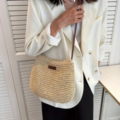 Patch Leather Woven Straw Shoulder Bag Zipper Beach Crossbody Bag