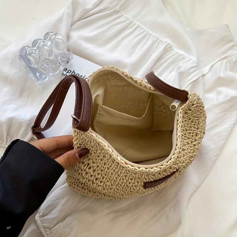 Patch Leather Woven Straw Shoulder Bag Zipper Beach Crossbody Bag
