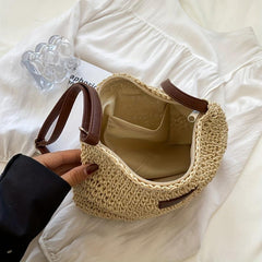 Patch Leather Woven Straw Shoulder Bag Zipper Beach Crossbody Bag