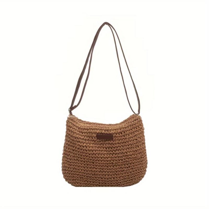 Patch Leather Woven Straw Shoulder Bag Zipper Beach Crossbody Bag