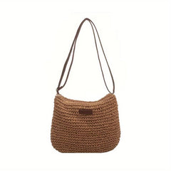 Patch Leather Woven Straw Shoulder Bag Zipper Beach Crossbody Bag