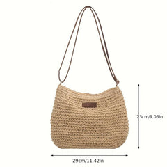 Patch Leather Woven Straw Shoulder Bag Zipper Beach Crossbody Bag
