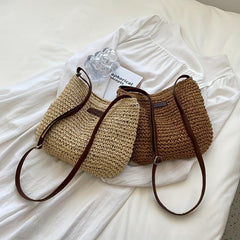 Patch Leather Woven Straw Shoulder Bag Zipper Beach Crossbody Bag