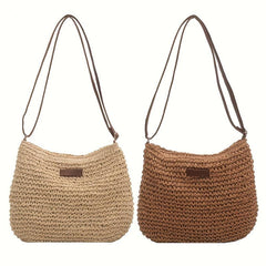 Patch Leather Woven Straw Shoulder Bag Zipper Beach Crossbody Bag