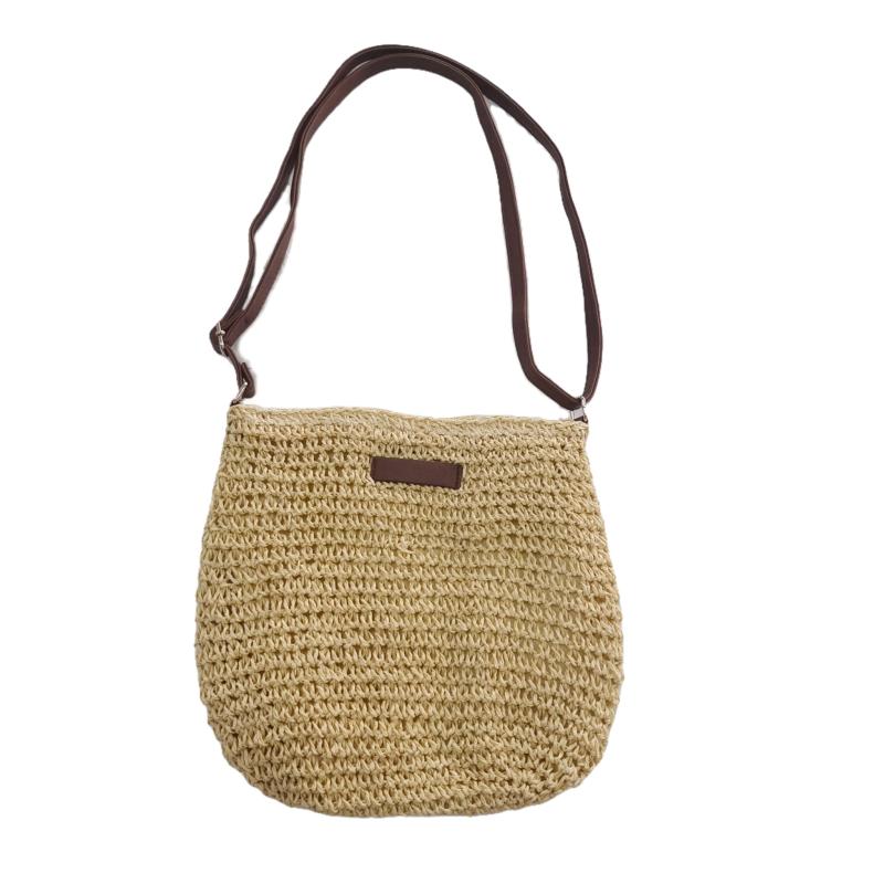 Patch Leather Woven Straw Shoulder Bag Zipper Beach Crossbody Bag