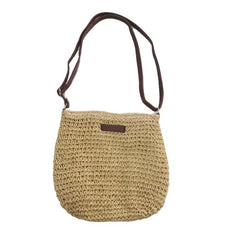 Patch Leather Woven Straw Shoulder Bag Zipper Beach Crossbody Bag