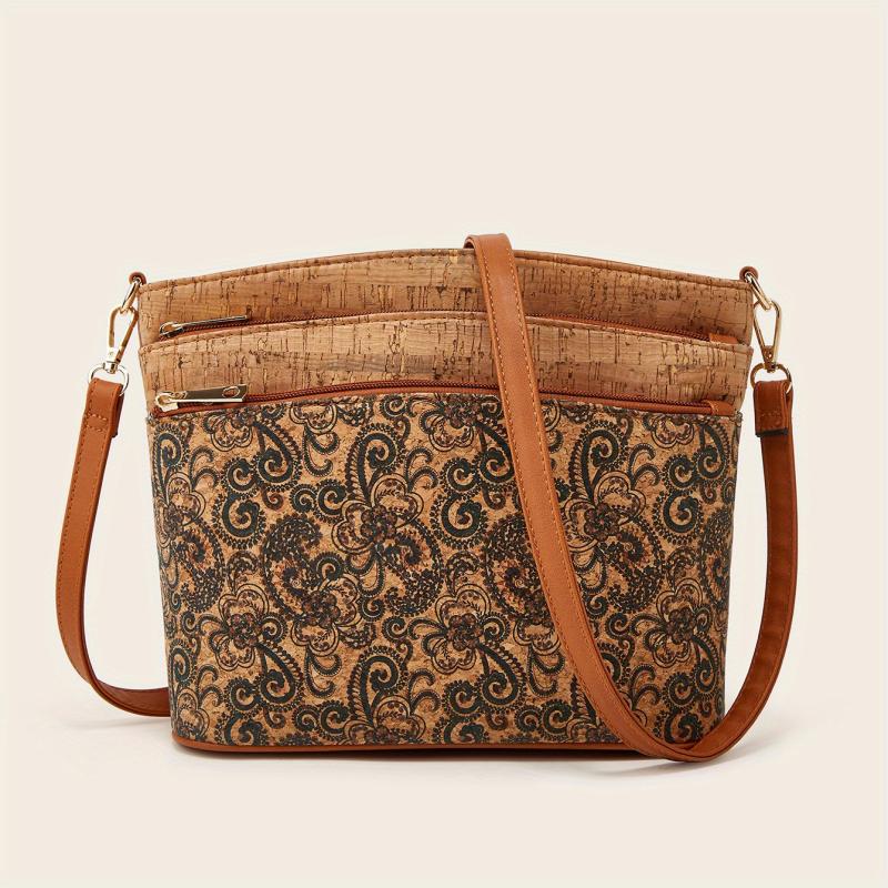 Vintage Flower Print Crossbody Bag Women's Tree Bark Pattern Purse