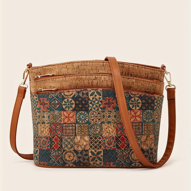 Vintage Flower Print Crossbody Bag Women's Tree Bark Pattern Purse