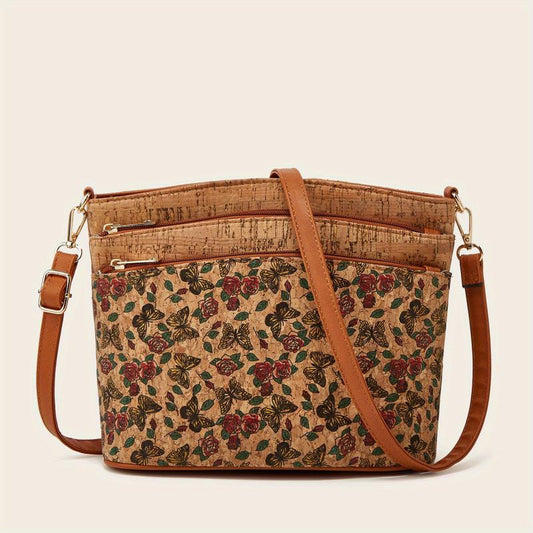 Vintage Flower Print Crossbody Bag Women's Tree Bark Pattern Purse