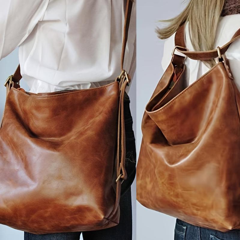 Retro Hobo Large Capacity Tote Bag PU Leather Textured Backpack