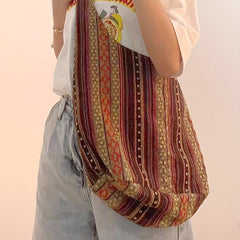 Vintage Striped Crossbody Bag Boho Style Shoulder Bag Canvas Travel Bag