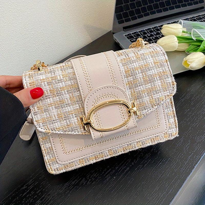 Plaid Tweed Bag Buckle Shoulder Square Bag Chain Crossbody