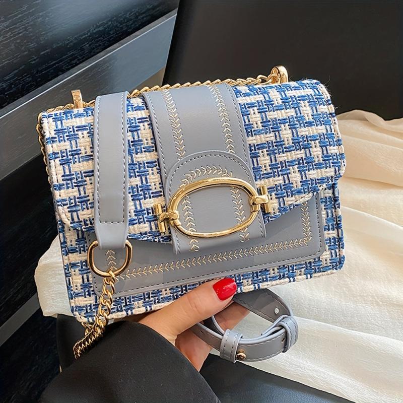 Plaid Tweed Bag Buckle Shoulder Square Bag Chain Crossbody