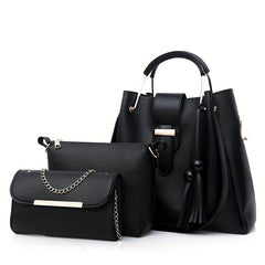 3Pcs Tassel Shoulder Bag Set with Crossbody Pouch & Clutch Purse