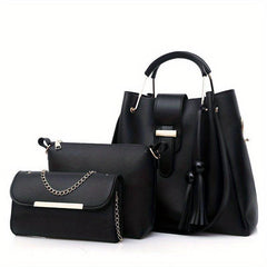 3Pcs Tassel Shoulder Bag Set with Crossbody Pouch & Clutch Purse