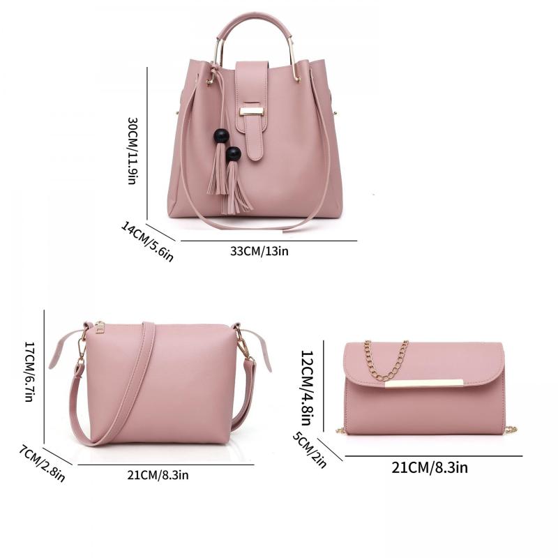 3Pcs Tassel Shoulder Bag Set with Crossbody Pouch & Clutch Purse