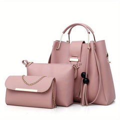 3Pcs Tassel Shoulder Bag Set with Crossbody Pouch & Clutch Purse