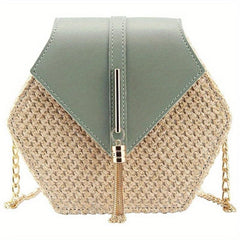 Hexagon Straw Woven Crossbody Flap Bag Decorative Shoulder Bag