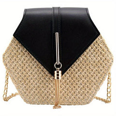 Hexagon Straw Woven Crossbody Flap Bag Decorative Shoulder Bag