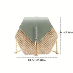 Hexagon Straw Woven Crossbody Flap Bag Decorative Shoulder Bag