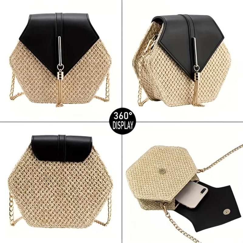 Hexagon Straw Woven Crossbody Flap Bag Decorative Shoulder Bag