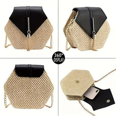 Hexagon Straw Woven Crossbody Flap Bag Decorative Shoulder Bag