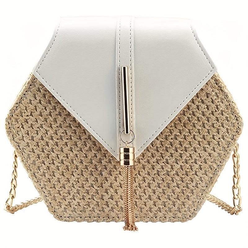 Hexagon Straw Woven Crossbody Flap Bag Decorative Shoulder Bag