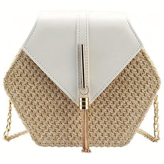 Hexagon Straw Woven Crossbody Flap Bag Decorative Shoulder Bag
