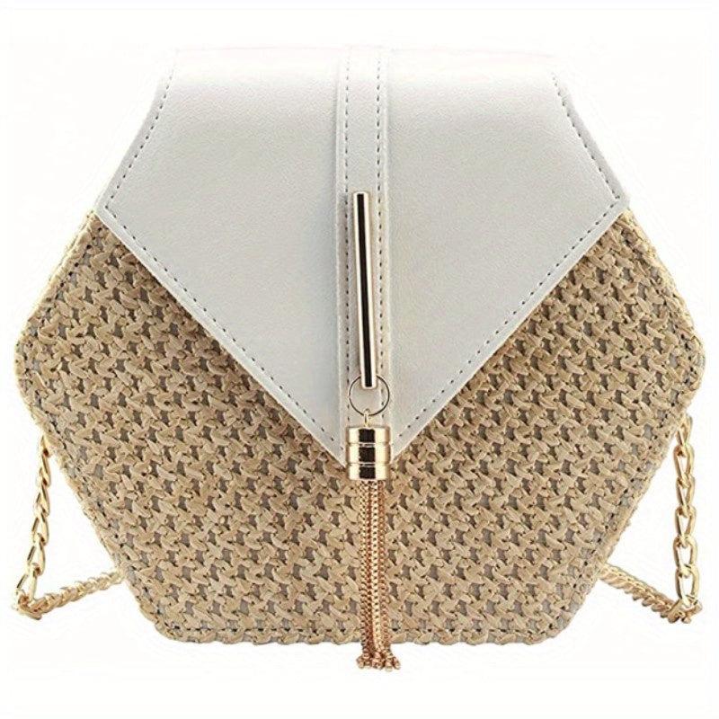 Hexagon Straw Woven Crossbody Flap Bag Decorative Shoulder Bag