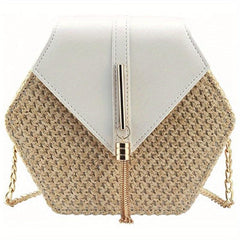 Hexagon Straw Woven Crossbody Flap Bag Decorative Shoulder Bag