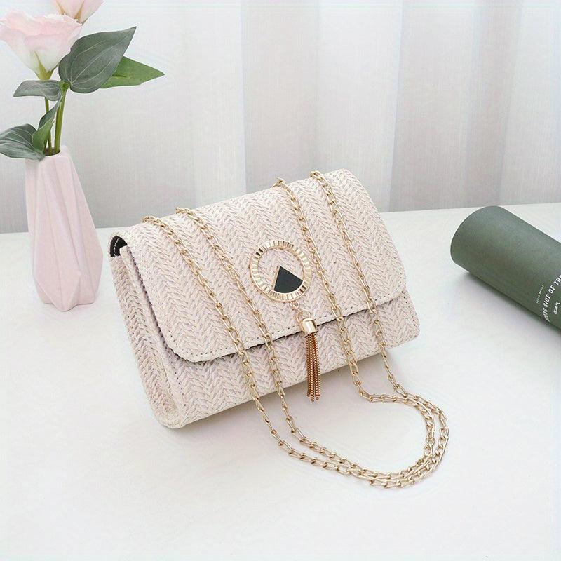 Mini Straw Crossbody Bag Solid Casual Summer Vacation Tote Bag