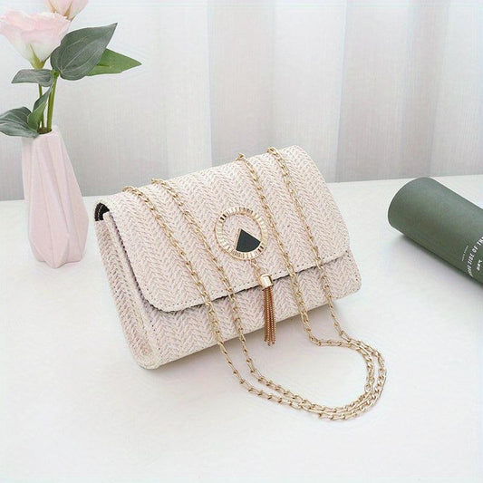 Mini Straw Crossbody Bag Solid Casual Summer Vacation Tote Bag