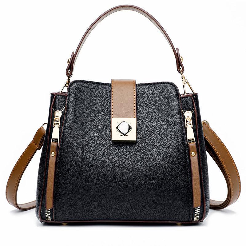 Faux Leather Crossbody Bag Top Handle Purse Zipper Bucket Bag