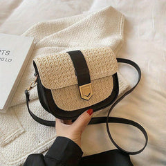 Boho Style Straw Woven Saddle Bag Mini Buckle Decor Crossbody Bag