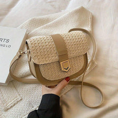 Boho Style Straw Woven Saddle Bag Mini Buckle Decor Crossbody Bag
