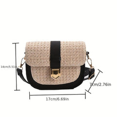 Boho Style Straw Woven Saddle Bag Mini Buckle Decor Crossbody Bag
