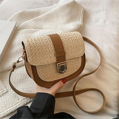 Boho Style Straw Woven Saddle Bag Mini Buckle Decor Crossbody Bag