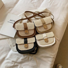 Boho Style Straw Woven Saddle Bag Mini Buckle Decor Crossbody Bag