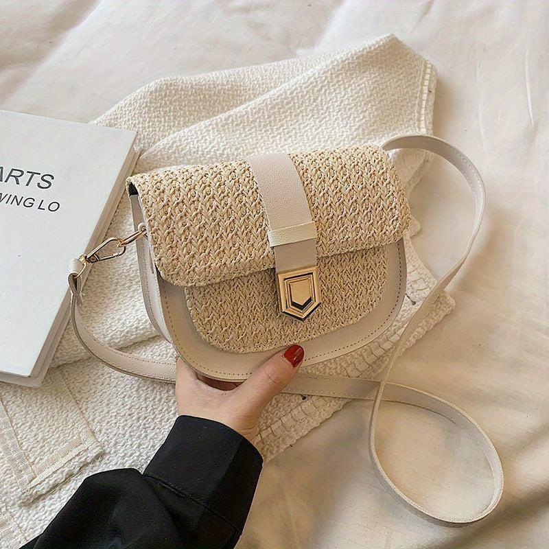 Boho Style Straw Woven Saddle Bag Mini Buckle Decor Crossbody Bag